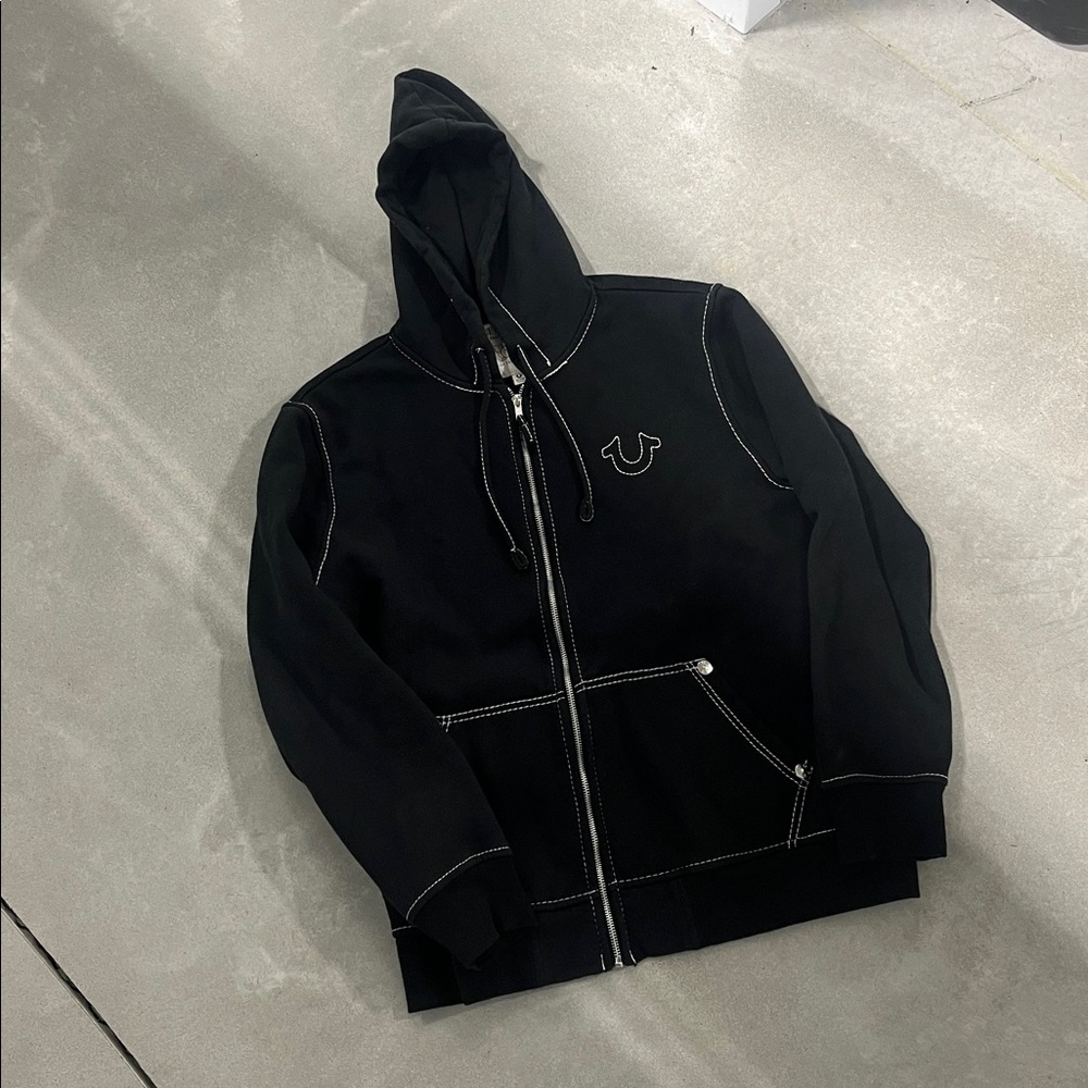 True Religion Black Hoodie with Contrast White Stitching